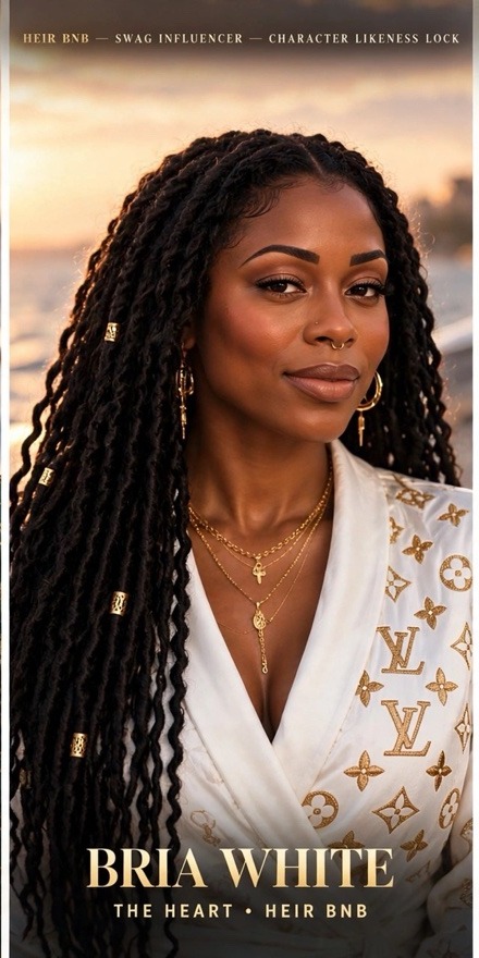 Bria White — long black locs with gold beads, porcelain white wardrobe