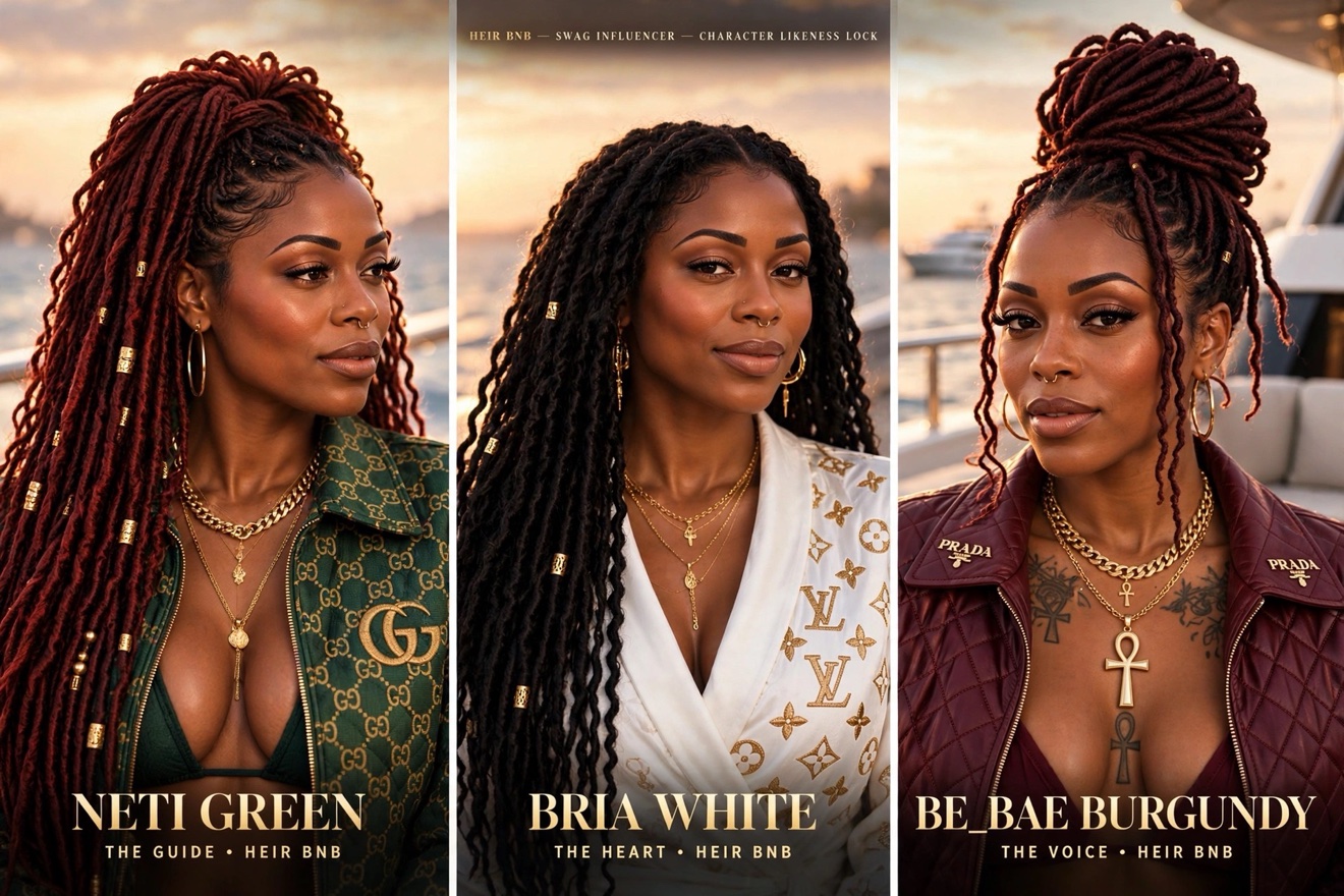 HEIR BNB character lock: Neti Green the Guide, Bria White the Heart, Be_Bae Burgundy the Voice